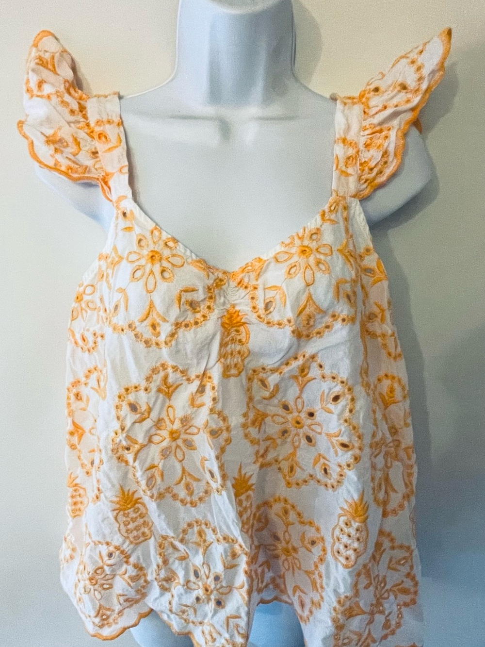 Cato White Camisole with Orange Embroidered Motif and Ruffle Straps